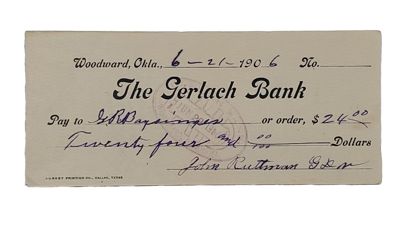 1906 Bank Check: The Gerlach Bank, Woodward, OK