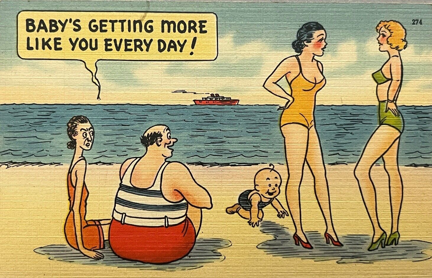 Comic Postcard Risque Pinup Two Sexy Women Beach Nice Legs Swimsuit 1940s VJ