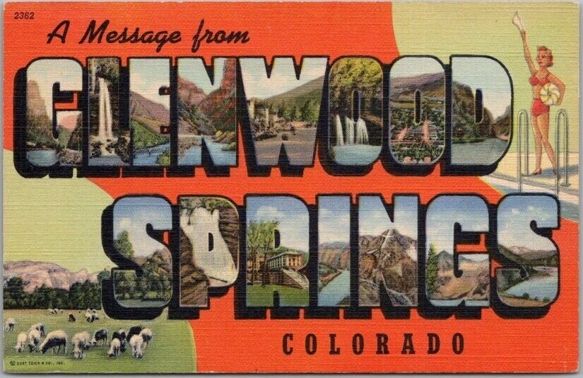 c1941 GLENWOOD SPRINGS Colorado Large Letter Postcard / Sanborn Linen / Unused