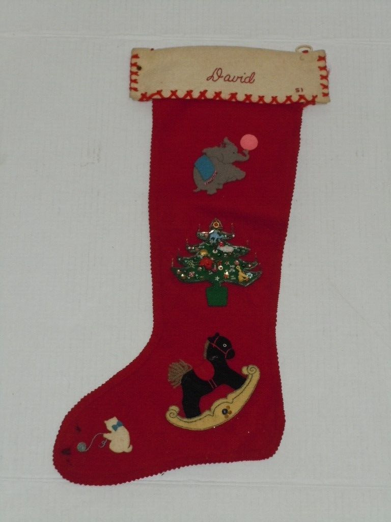 VINTAGE 1951 FELT WOOL DOUBLE SIDED CHRISTMAS STOCKING WITH APPLIQUE NAME DAVID