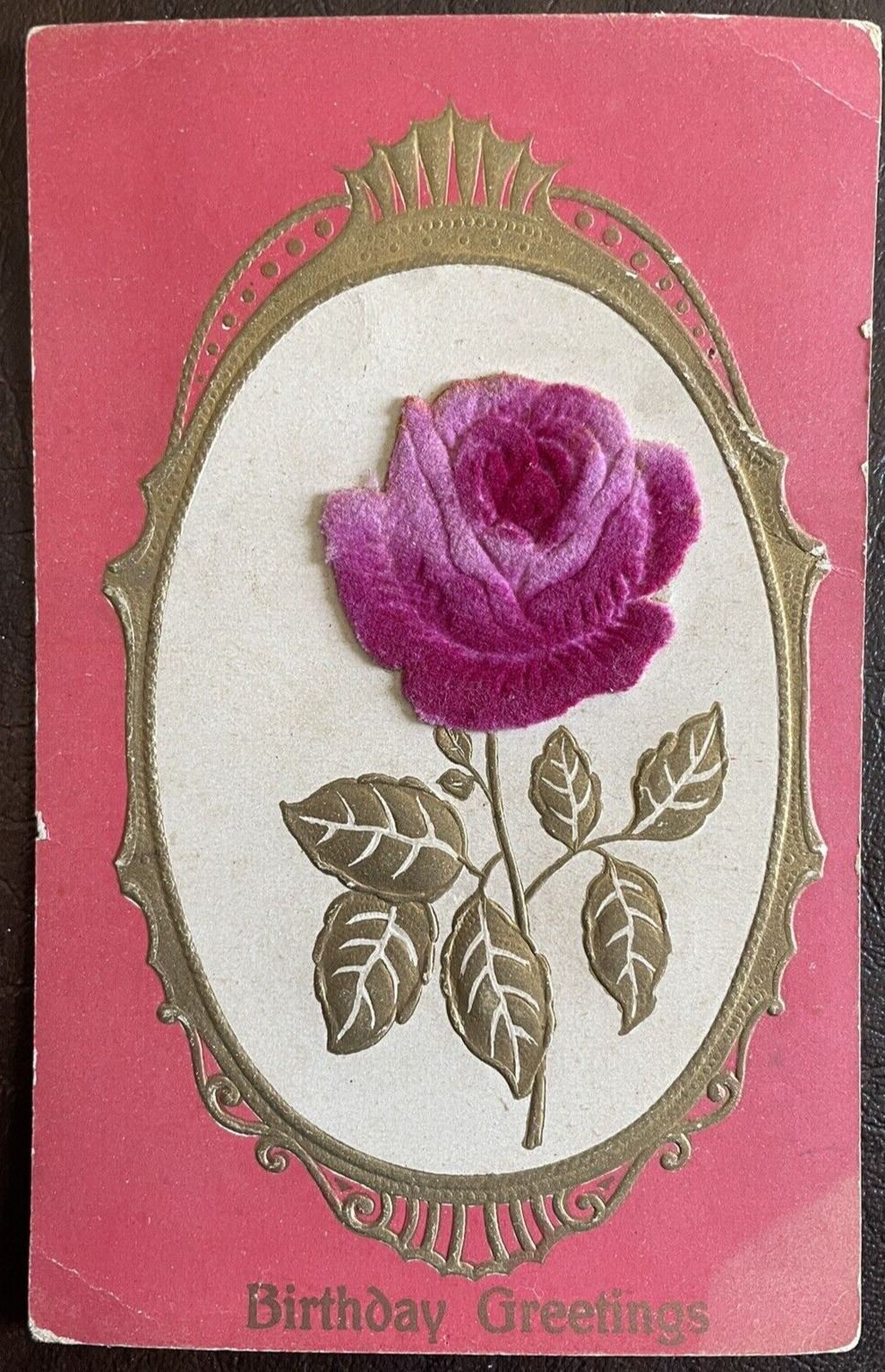 Postcard Vintage Birthday Greetings Embossed with Fabric Rose