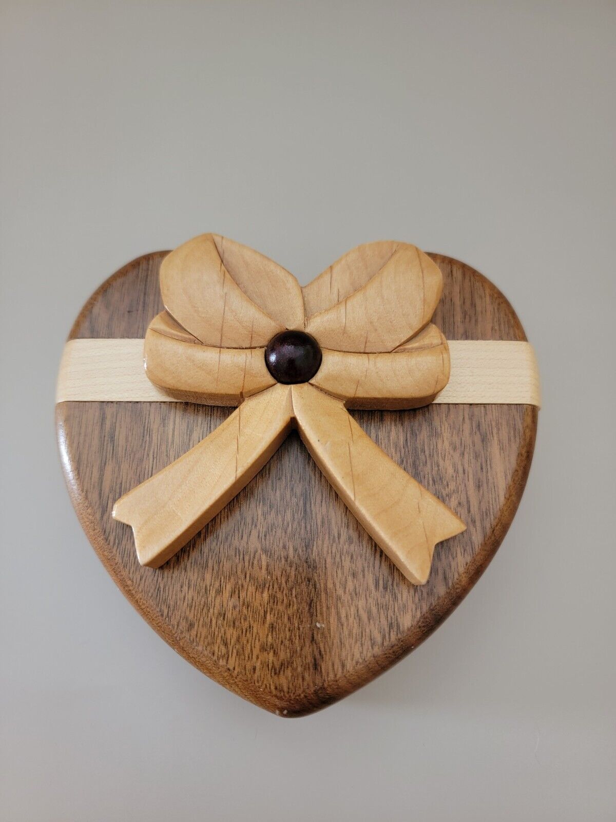 Folk Art Wood Heart with Bow Puzzle, Stash Box,  Jewelry Holder 