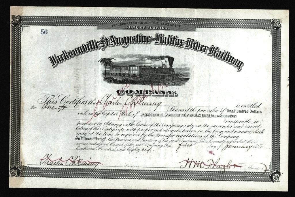 1886 Henry Flagler signs RARE Jacksonville St Augustine Railroad Stock signature