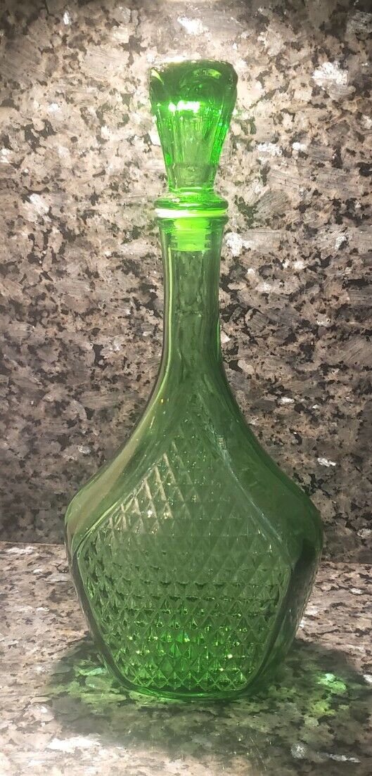 Vintage emerald green Empoli Diamond Cut Decanter Made In Italy 1960s to 1970s