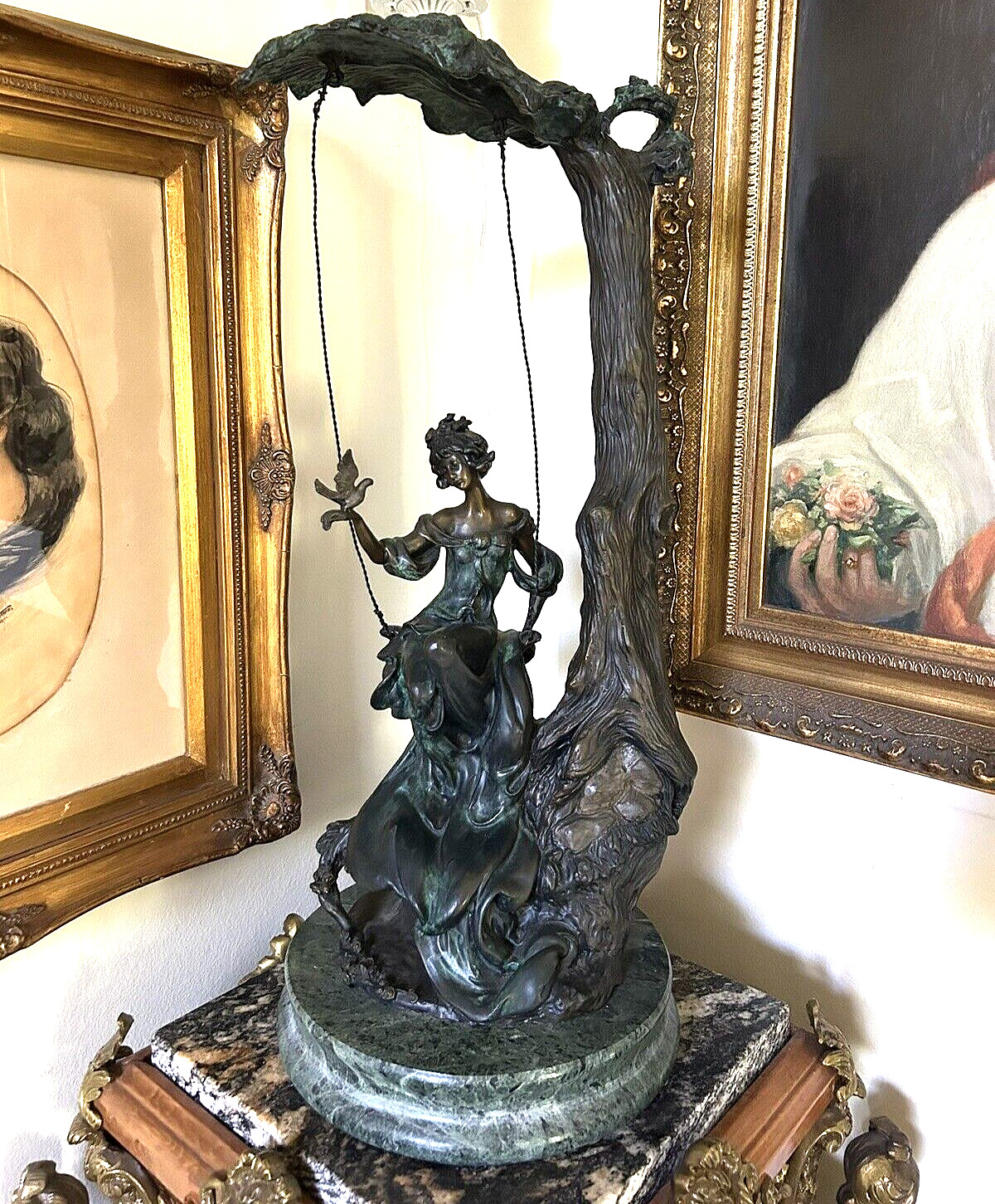 Auguste Moreau Large Bronze Statue Lady with Bird on Tree Swing c1920s Signed
