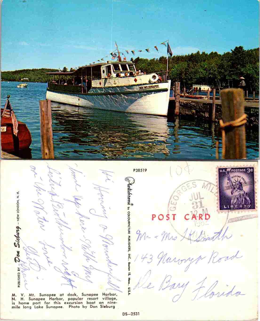 Vintage Postcard - MV Mt Sunapee, Sunapee Harbor, New Hampshire