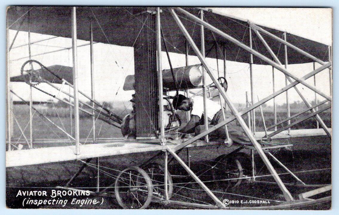 1910 AVIATOR BROOKINS INSPECTING ENGINE BIPLANE E. J. GODSHALL ANTIQUE POSTCARD