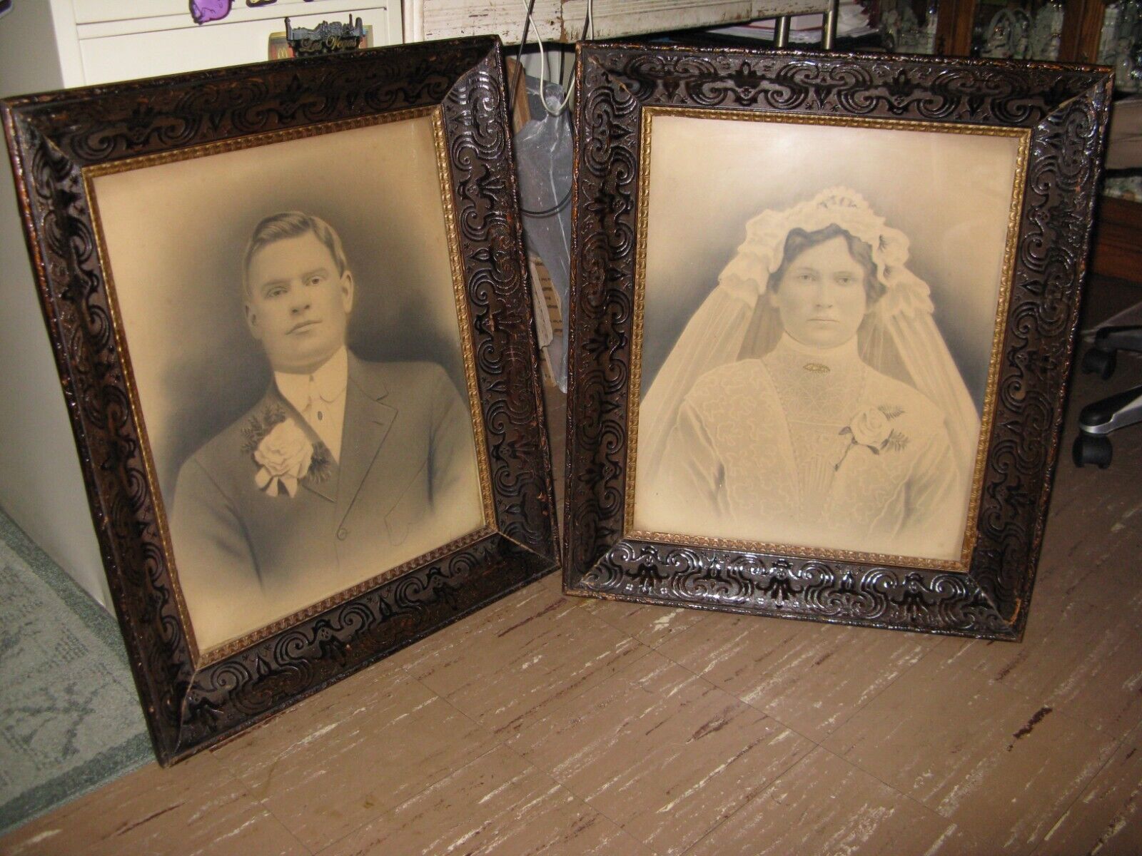 2 LARGE ANTIQUE VICTORIAN BRIDE & GROOM WEDDING PICTURES IN ORANTE WOOD FRAMES