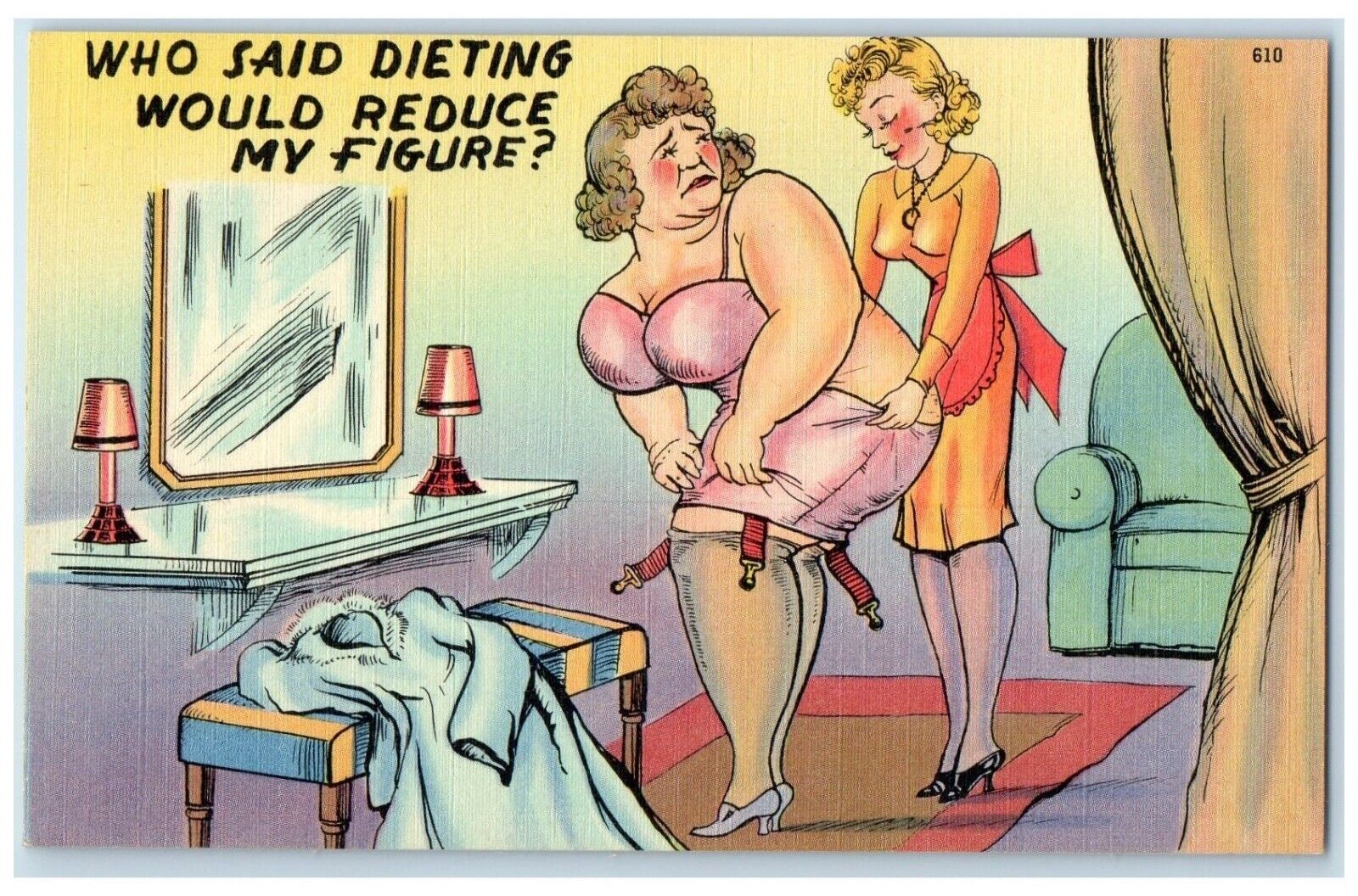 c1930\'s Fat Woman Who Said Dieting Would Reduce My Figure Vintage Postcard