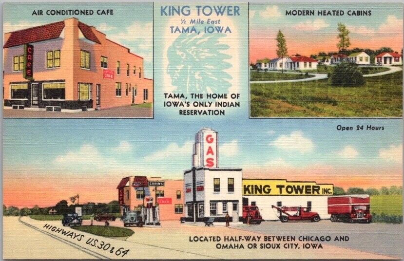 TAMA Iowa LINEN Postcard KING TOWER Gas Station Restaurant Highway 30 Roadside