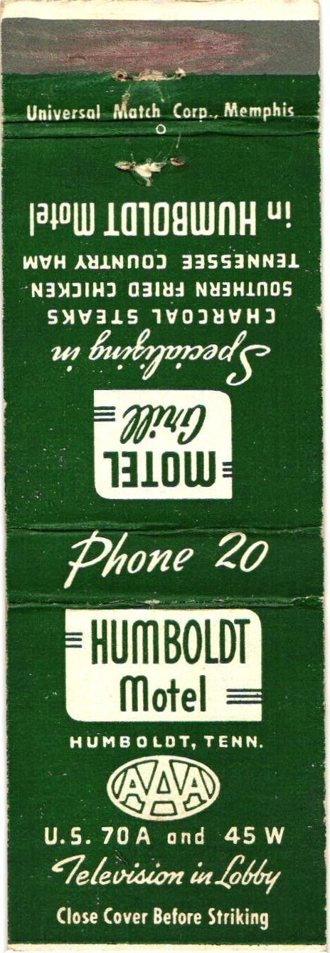 Humboldt Motel, Motel Grill, Humboldt, Tennessee, Vintage Matchbook Cover