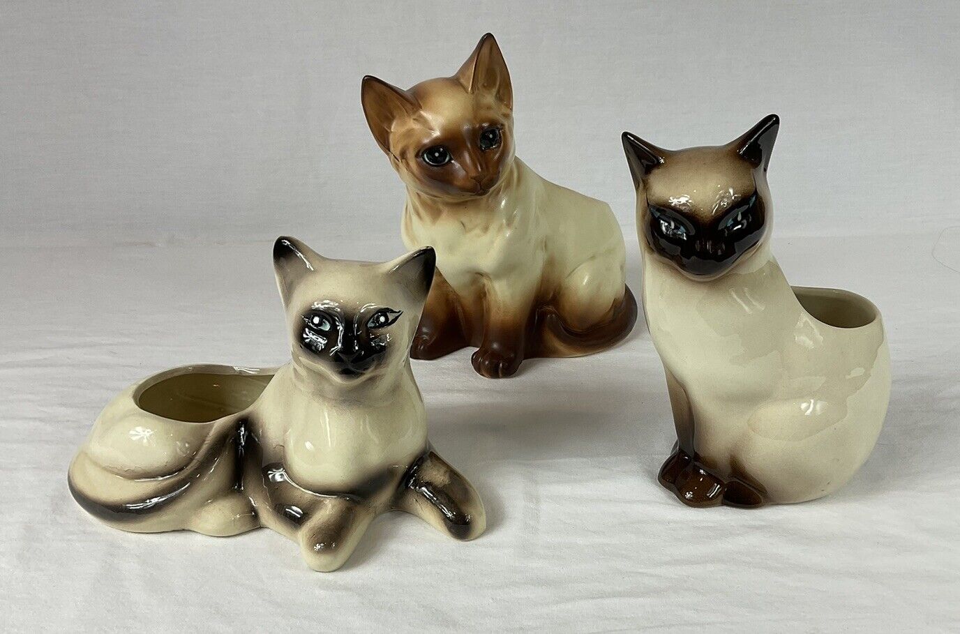 VTG MCM Mid Century Ceramic Siamese Cat Figurine Planters LOT OF 3
