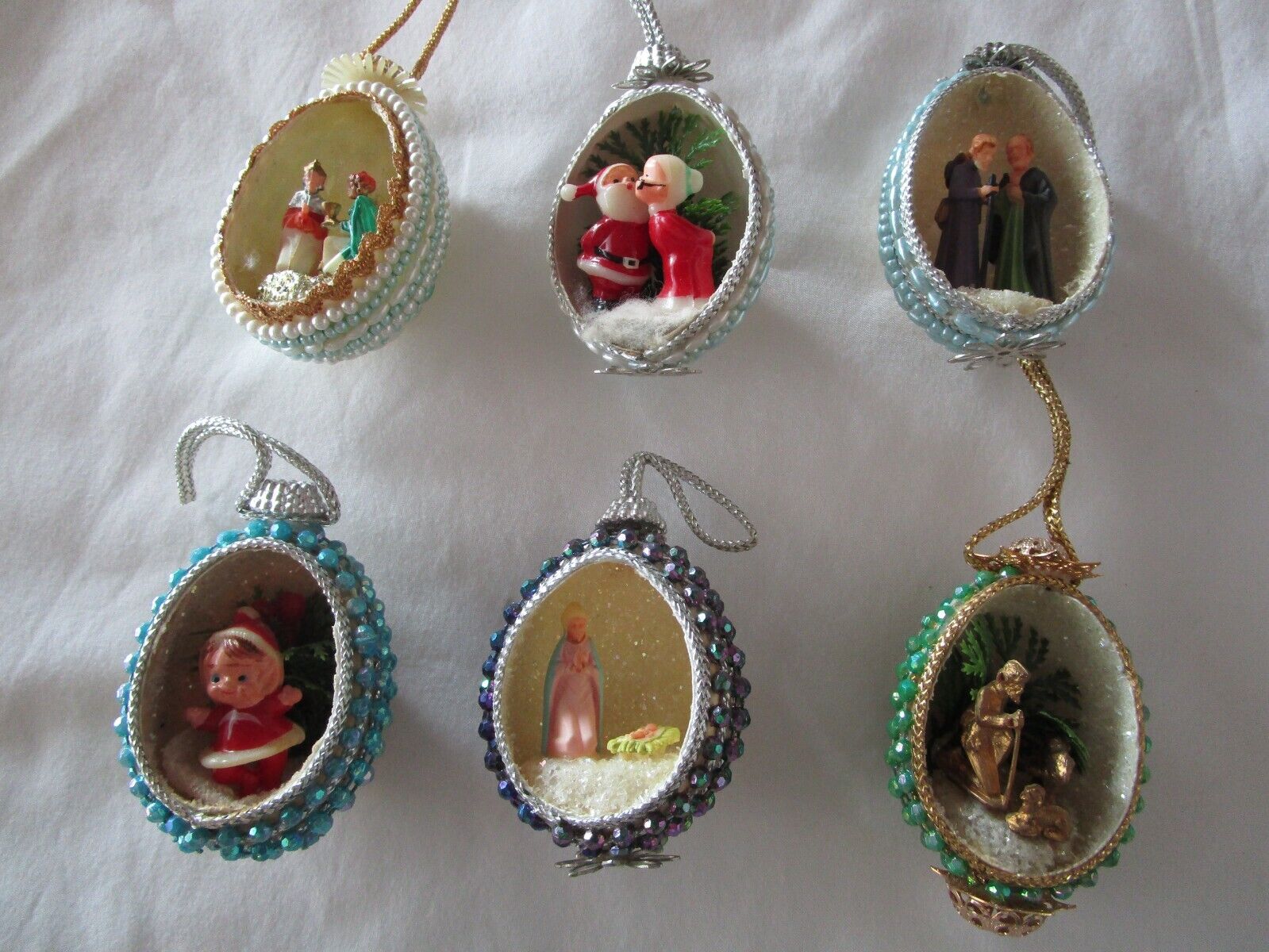 Set 6 Eggshell Diorama Christmas Ornaments Beaded Flocked Handcrafted 1950s