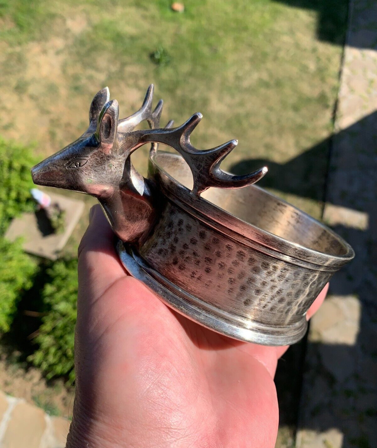 Antique Arts & Crafts Hammered Austria Silver Plated Stags Head Ashtray