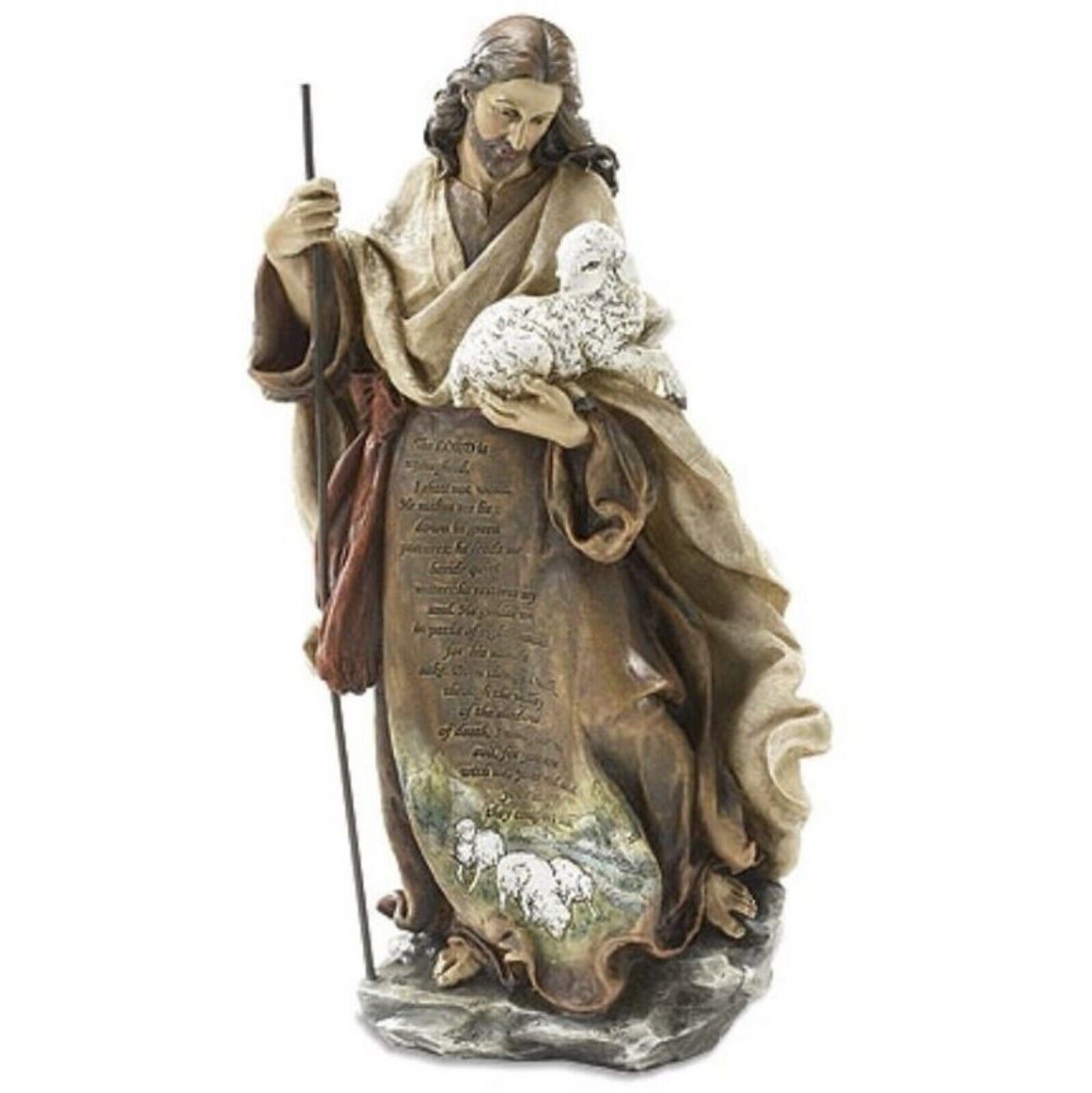 The Good Shepherd Holding Lamb Statue Figurine with Inscription,12 1/4 Inch