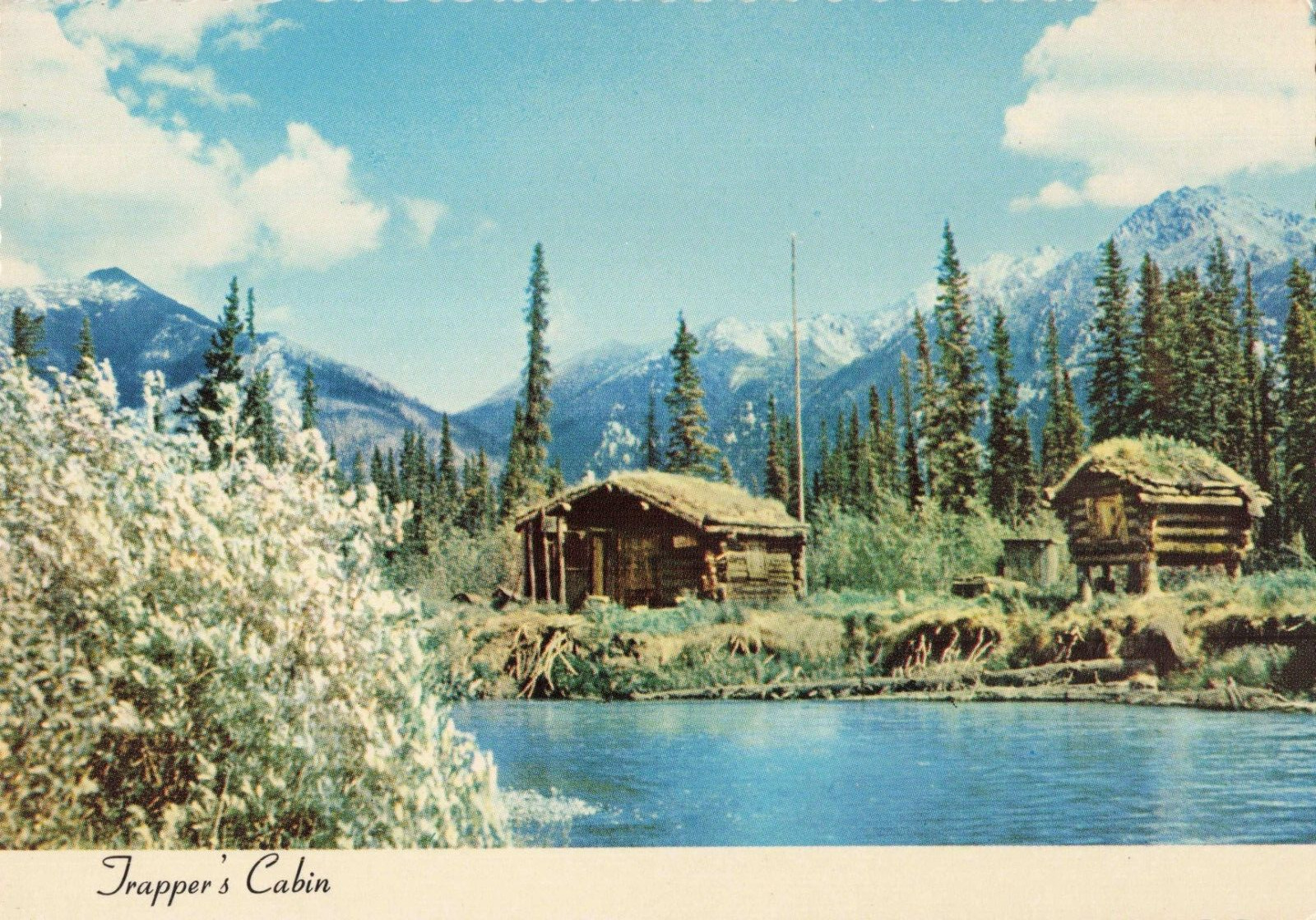 AK Alaska, Trapper\'s Cabin & Food Cache on Stilts, Vintage Scalloped Postcard