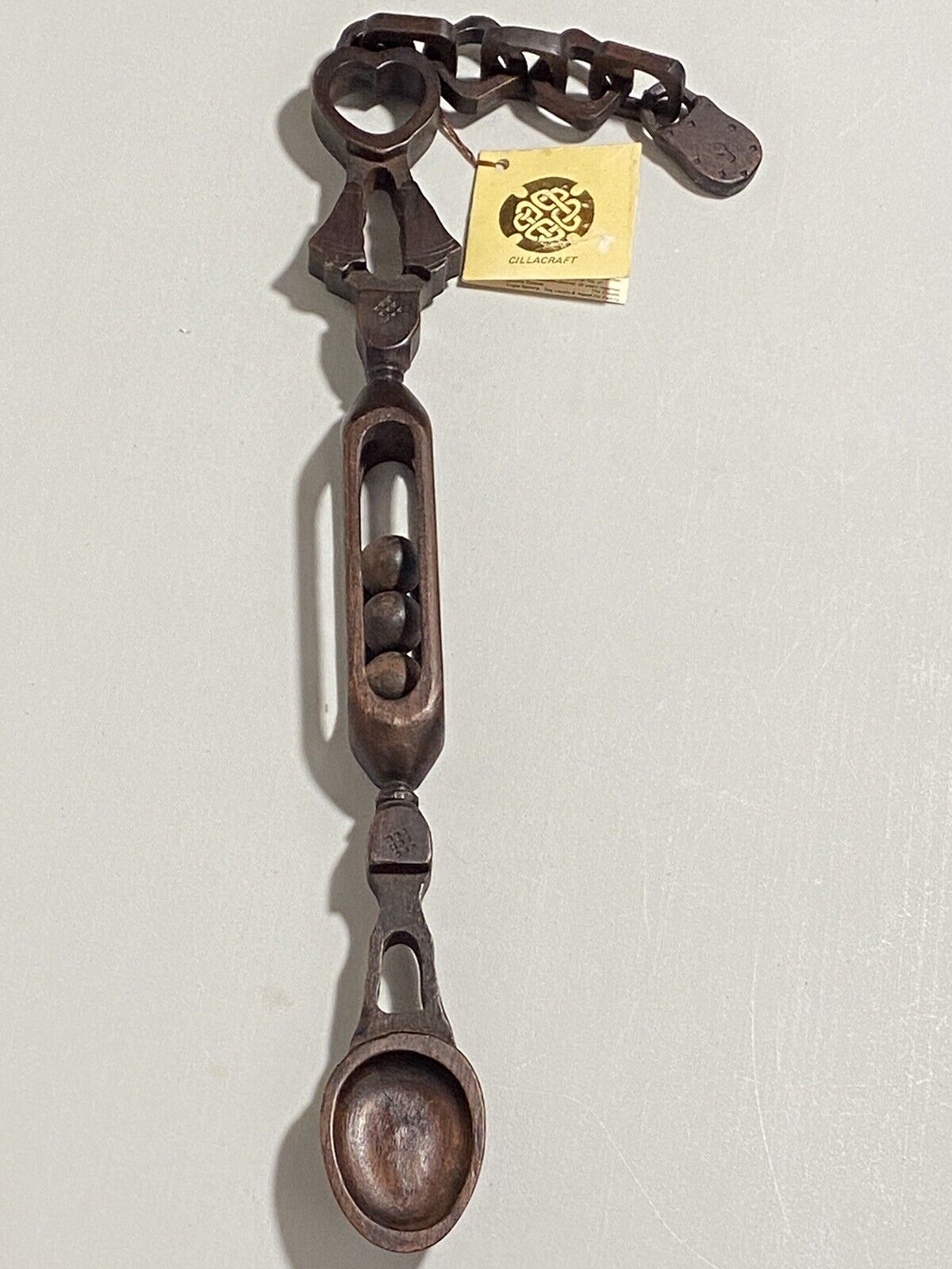 Welsh Wales Celtic Love Spoon Hand Carved Wood With Heart Balls Bells Lock Chain