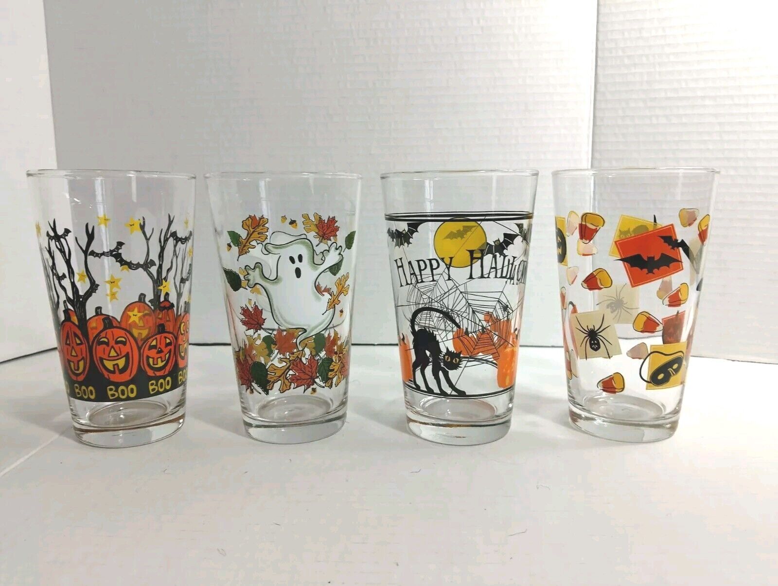 Vintage Libbey Set 4-16oz  Halloween Drinking Glasses Pumpkin, Ghost,Cat Spider 