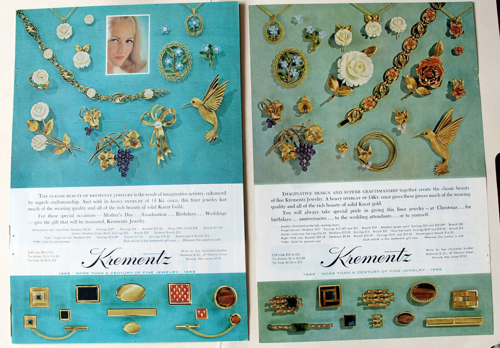 2 x 1969 Krementz Jewelry  Magazine Print Ads  7 x 10