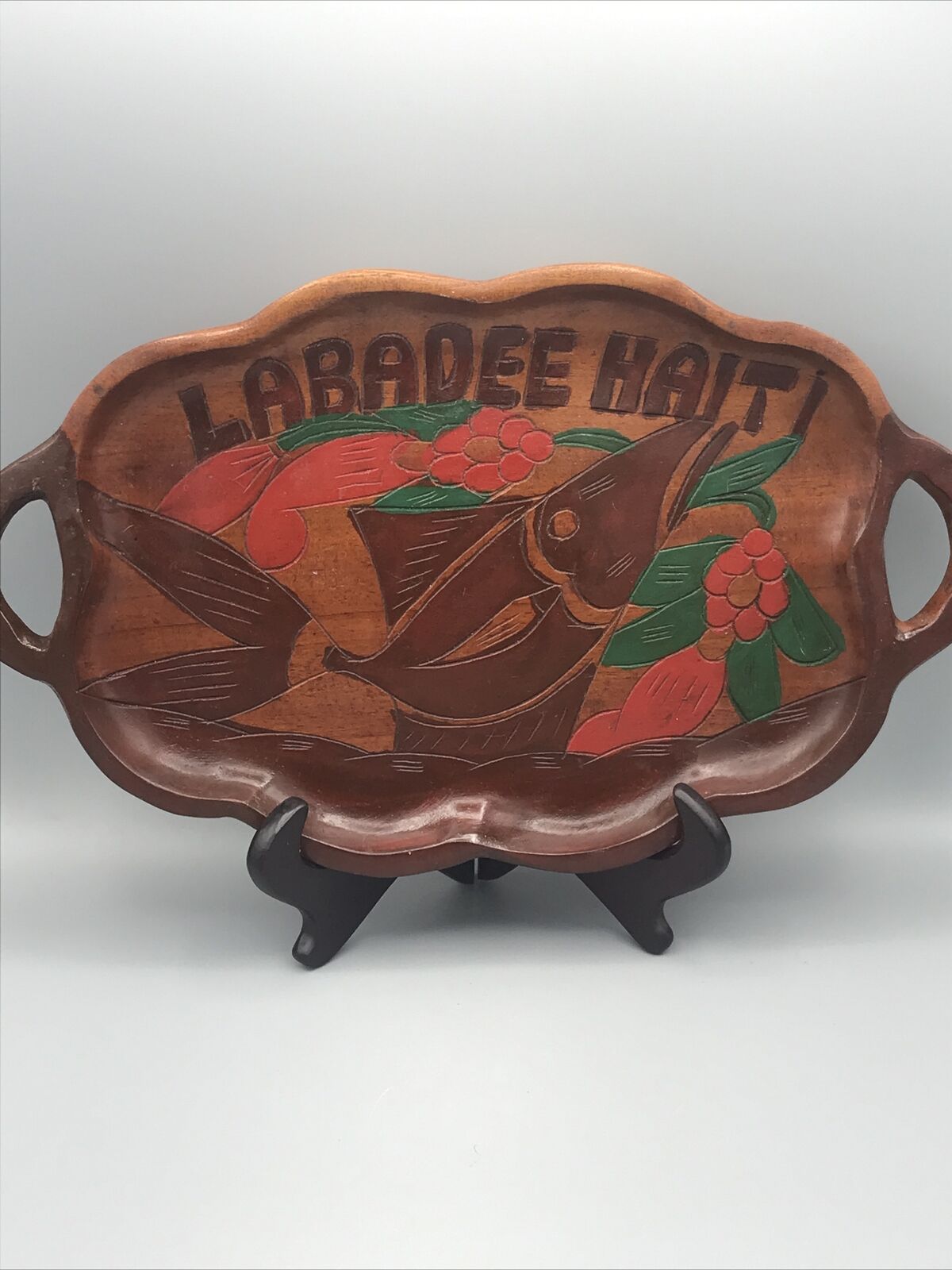 Vtg Labadee Haiti Wood Art Tray Carved Fish And Red And Green Floral  15”.