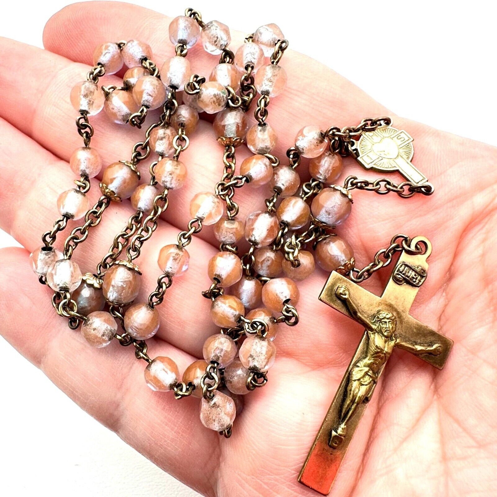 Antique c. 1900 Saphiret Glass Bead Gold Filled Rosary Necklace