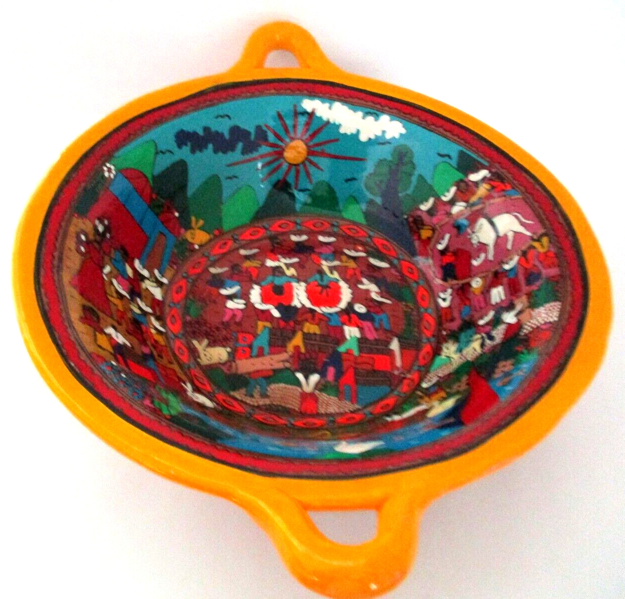Mexican Ixtapa Hand Painted Folk Art Talavera Pottery Wedding Story Bowl Signed