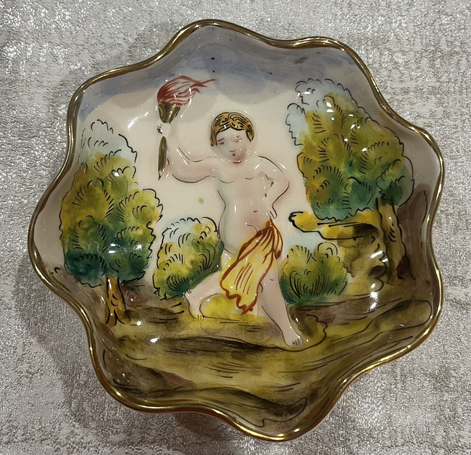 Vtg Painted Porcelain Cherub Relief Trinket Dish/Wall Hanging Capodimonte Italy