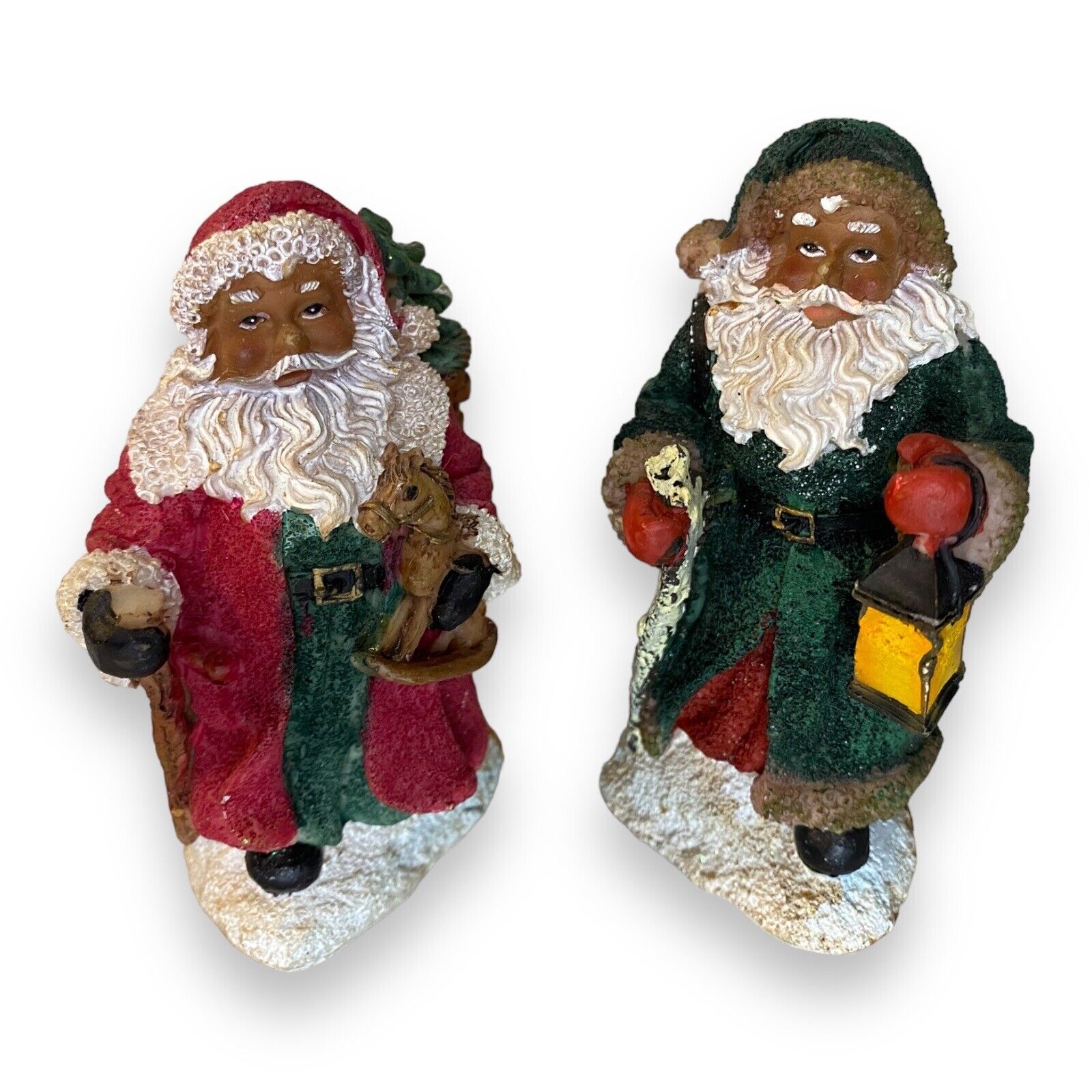 Vintage Lot 2 African American Santa Claus Sparkle Figurines Christmas Miniature