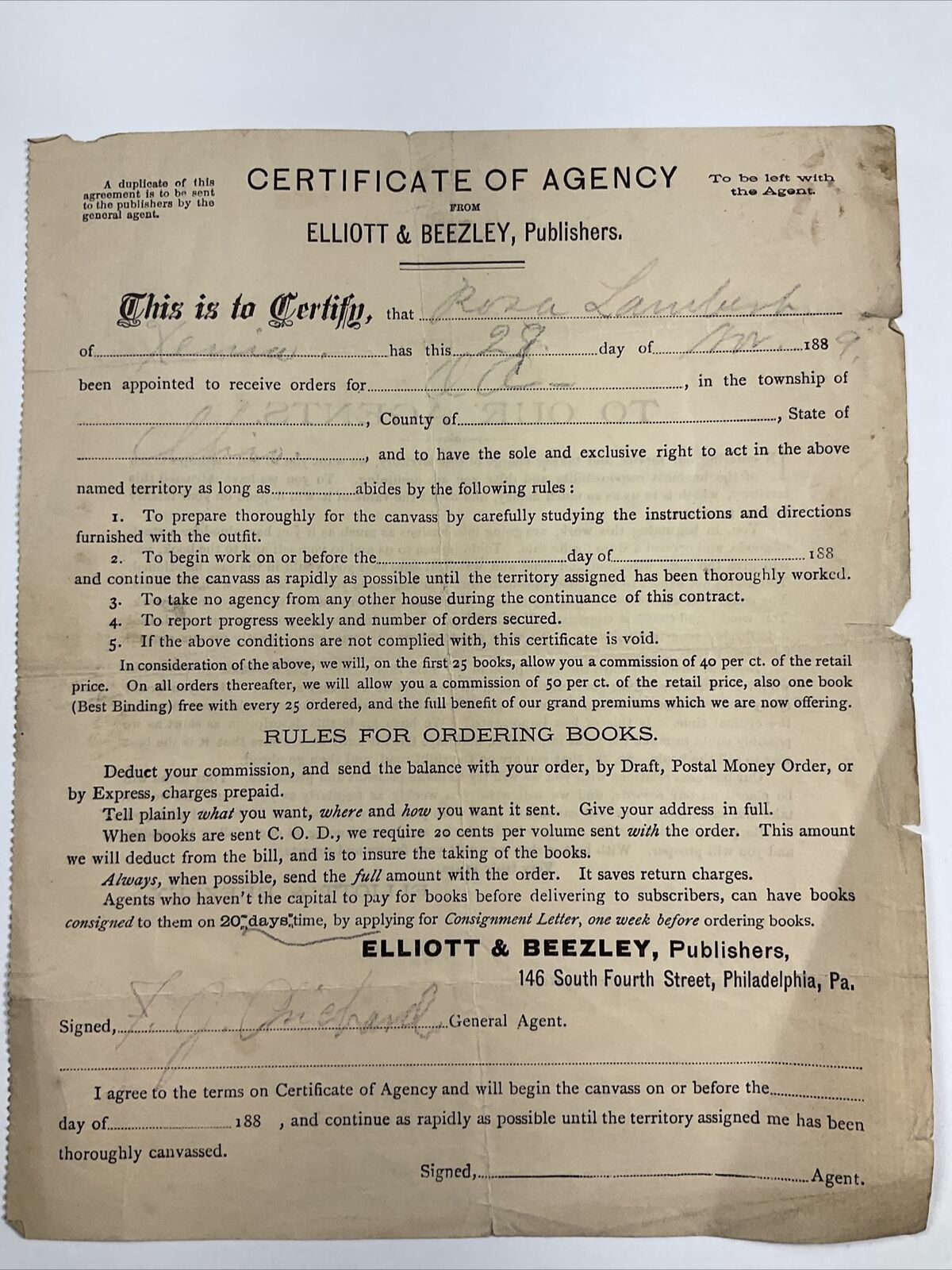 Xenia, Ohio 1889 Elliot & Beezley, Publishers Certificate of Agency - Emphemera