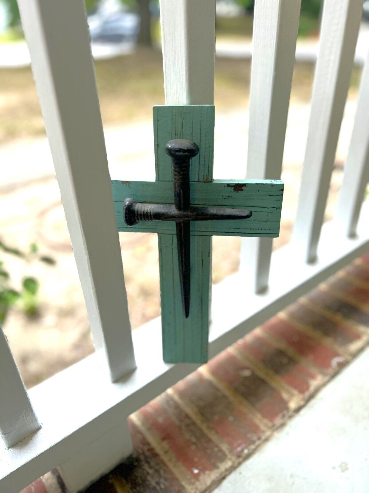 Rustic Iron Crossed Nails on Teal Wooden Cross Background Rustic Decor 