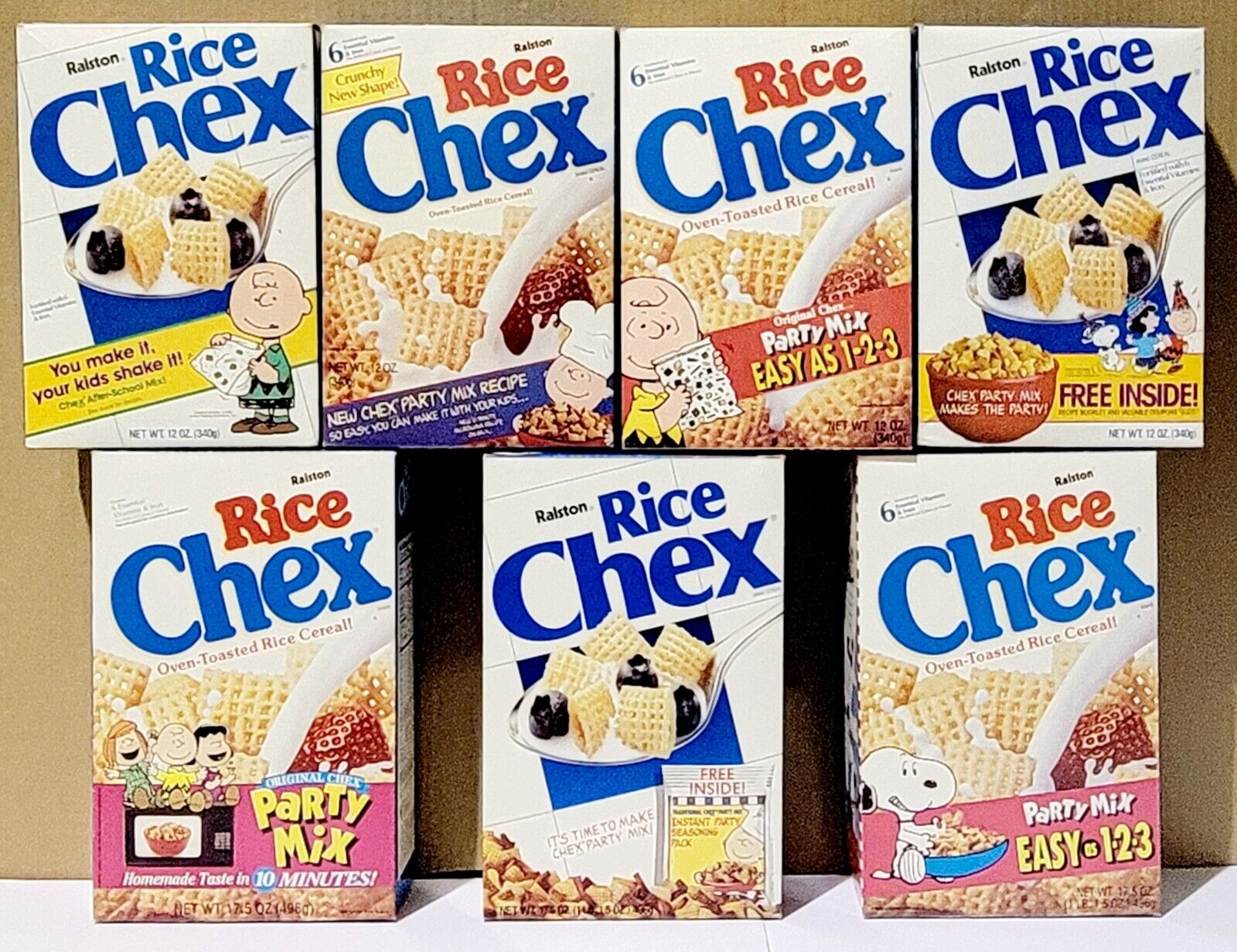 CHEX Rice Cereal Box SNOOPY Charlie Brown PEANUTS 1990-1994 Variety  LOT 7 BOXES