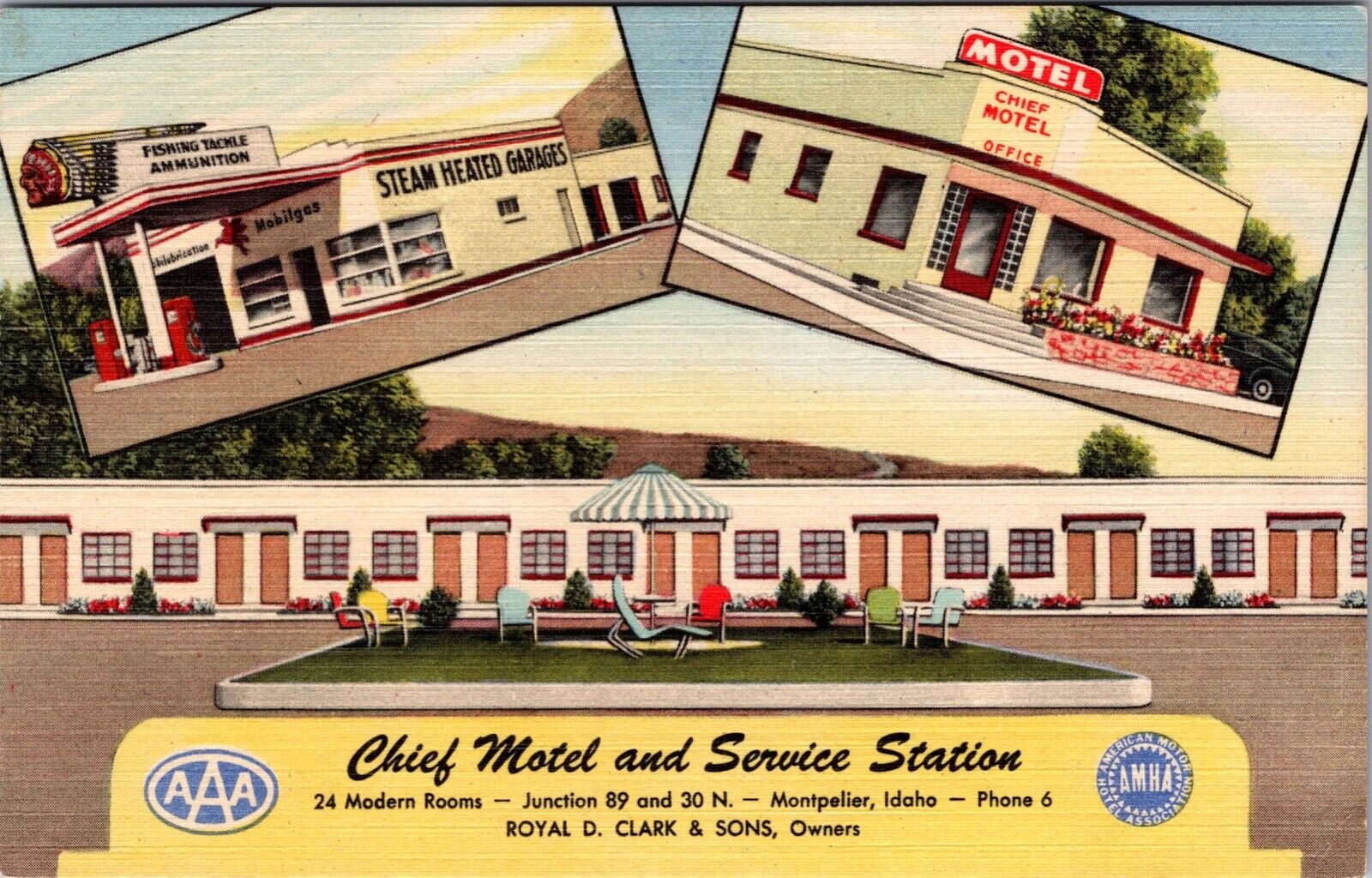 Postcard Chief Motel Service Station Mobilgas Montpelier ID Idaho AAA