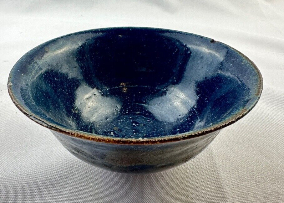 Vintage Deep Blue Glazed Handmade USA Art Stoneware Pottery Trinket Dish Bowl