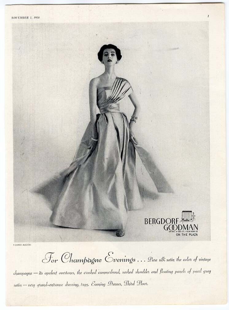 BERGDORF GOODMAN 1950 Fashion MAGAZINE AD Richard Avedon SILK EVENING GOWN