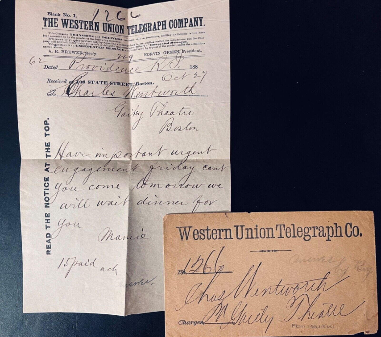 Western Union Teledgraph Co c1880s #1266 to Boston theatre