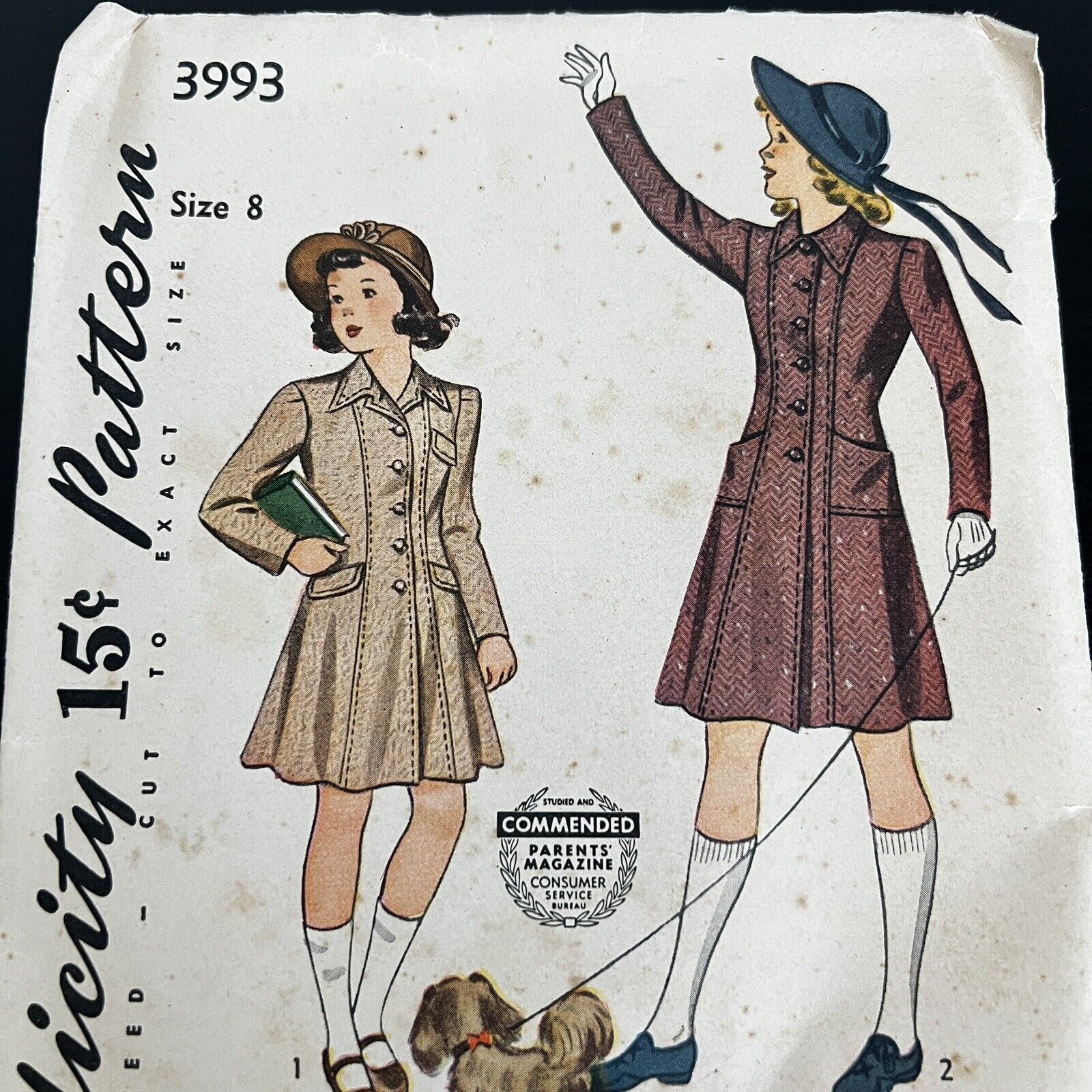 Vintage 1940s Simplicity 3893 Girls WWII Princess Coat Sewing Pattern 8 UNUSED