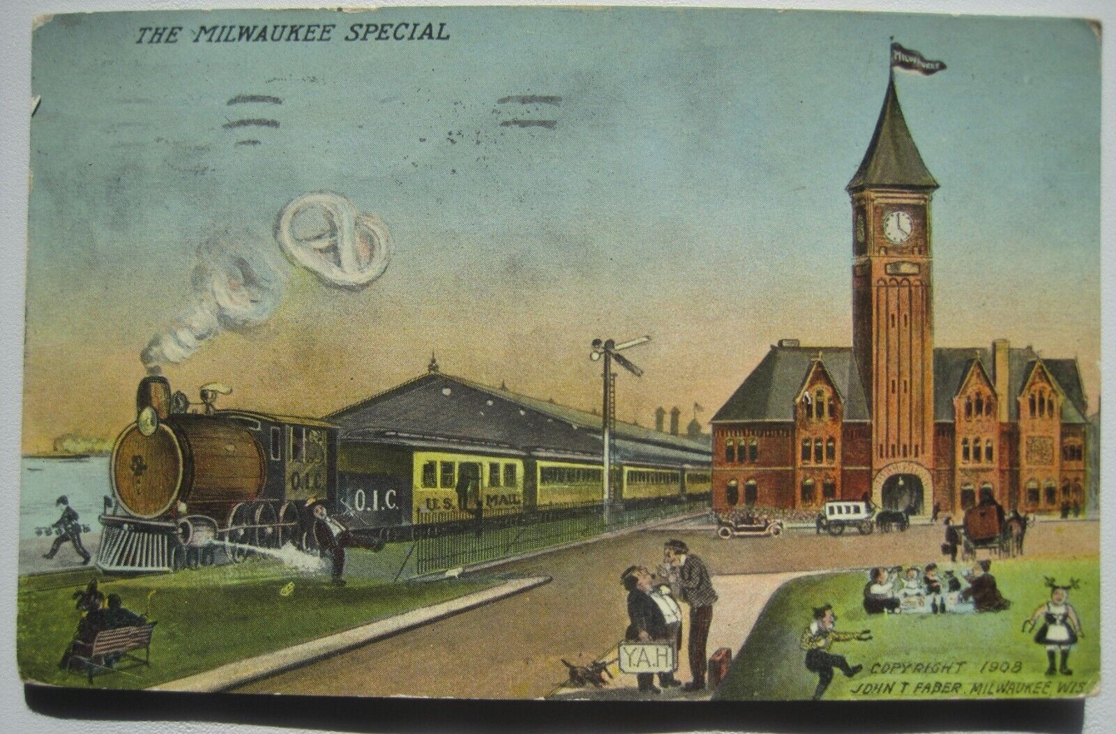 Unique Milwaukee WI OIC Train & Depot Old Postcard 1908 by John T. Faber