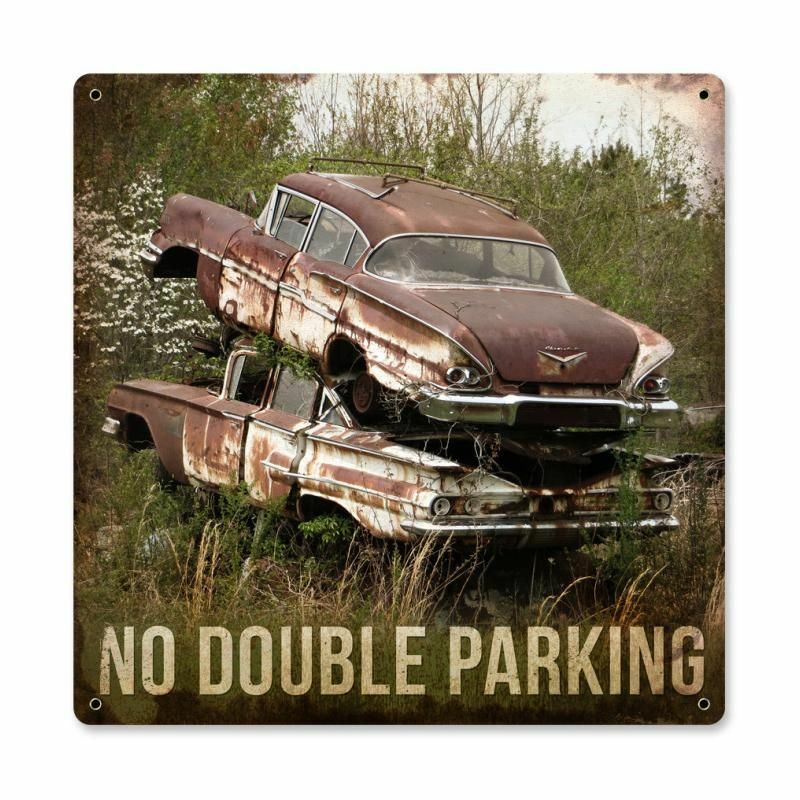 NO DOUBLE PARKING 1950s CARS STACKED UP HEAVY DUTY USA MADE METAL ADV SIGN