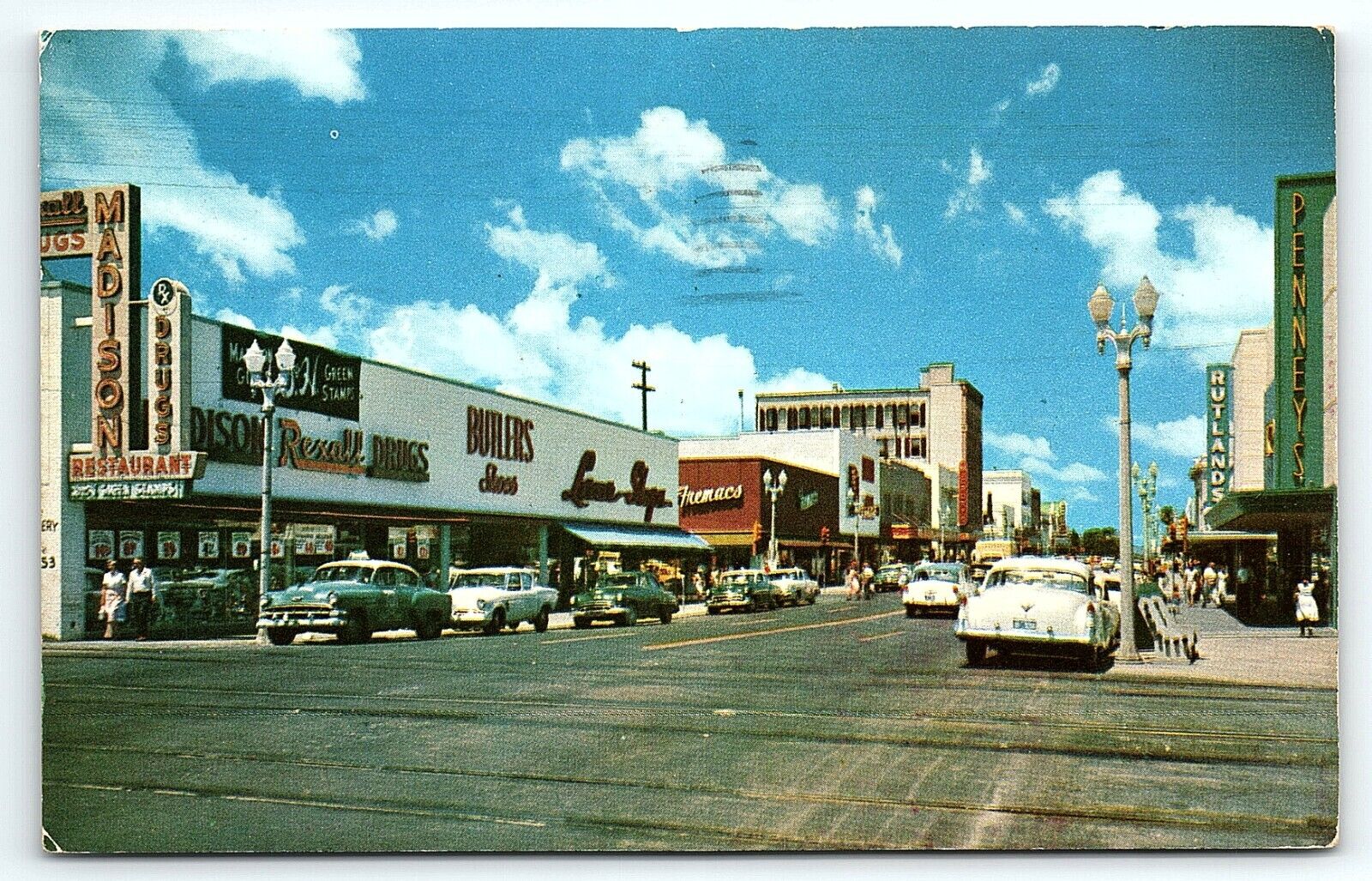 1950s CLEARWATER FLORIDA MADISON REXALL DRUGS PENNEYS STREET VIEW POSTCARD P3735