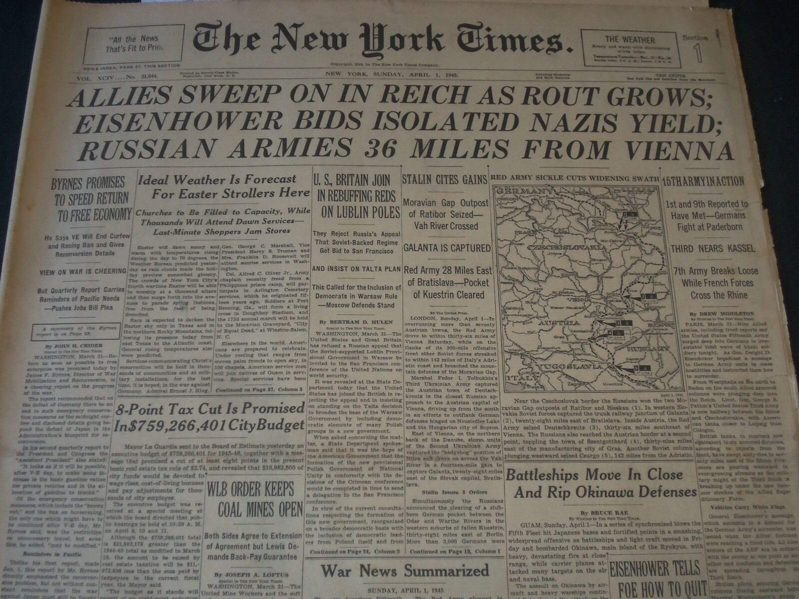 1945 APRIL 1 NEW YORK TIMES NEWSPAPER -ALLIES SWEEP IN REICH ROUT GROWS- NT 7285