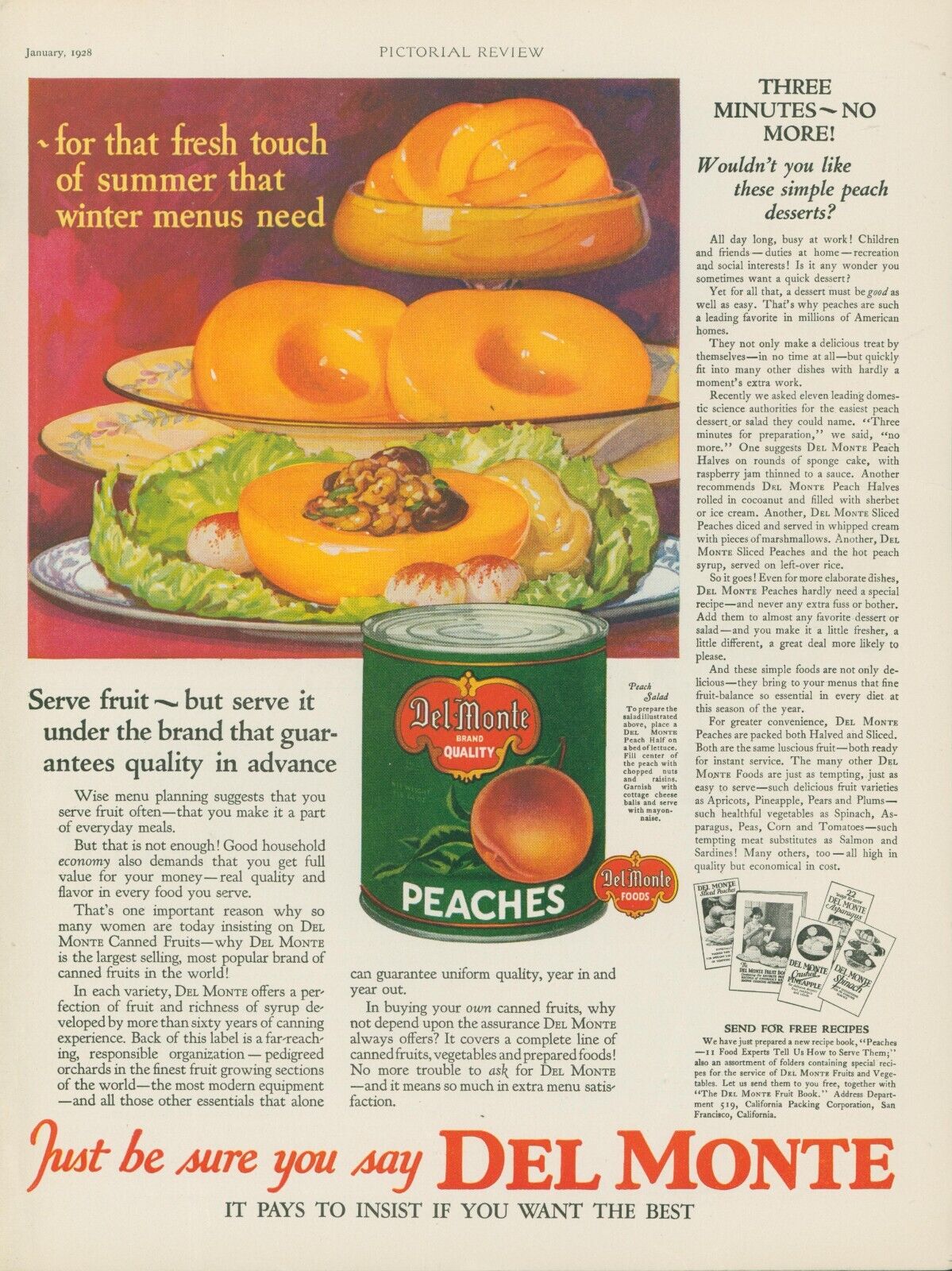 1928 Del Monte Peaches Salad Recipe Book Offer Desserts Vtg Print Ad PR5