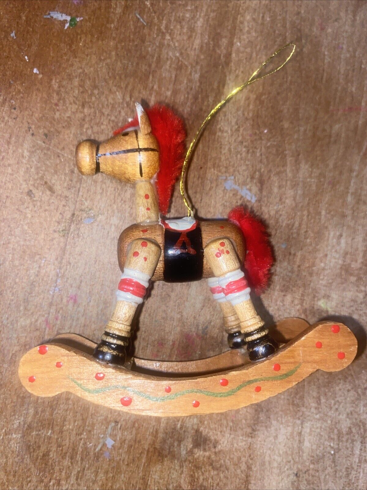 Vintage Wooden Horse Hand Painted Yarn Mane Christmas Ornament 