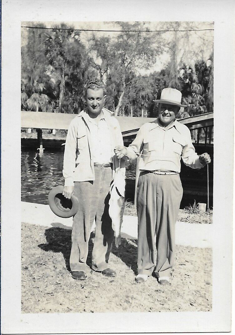 Two Men With Bass 1950s Photo Vintage Outdoors Fishing Vacation 2 1/2 x 3 1/2