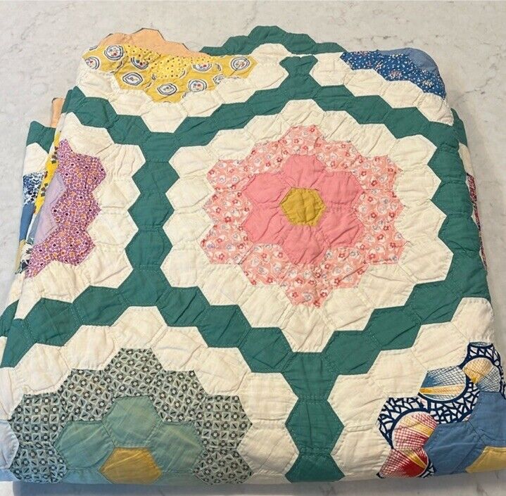 American Vintage Handmade Quilt Grandmothers Garden Hexagon Stitched Feedsack