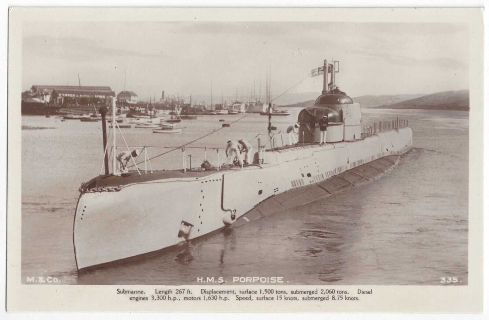1940\'s WWII era Military Submarine - REAL PHOTO H.M.S. Porpoise, Royal Navy
