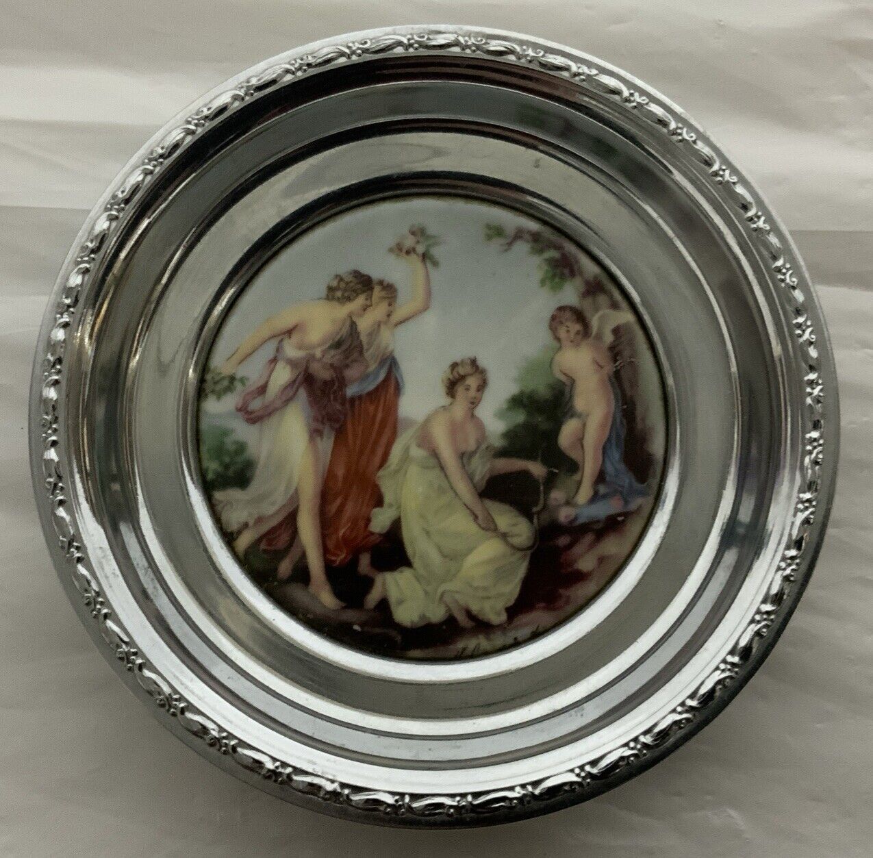 Vinage Porcelain & Silver Color “The Disarming Of Cupid” Trinket Tray