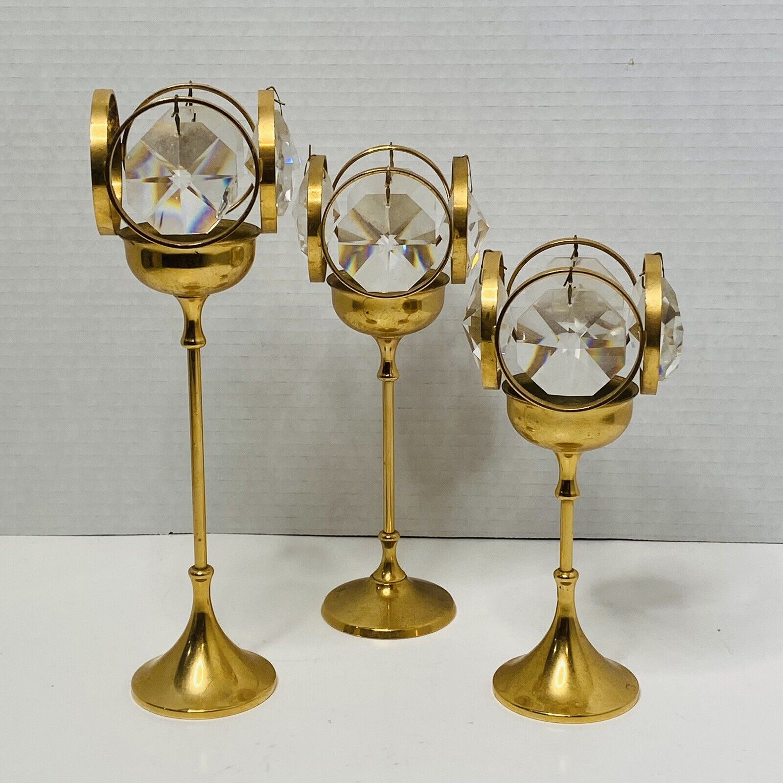 Lot of 3 vtg ? Mid Century Gold Toned Crystal Candle Holders Hollywood READ Desc
