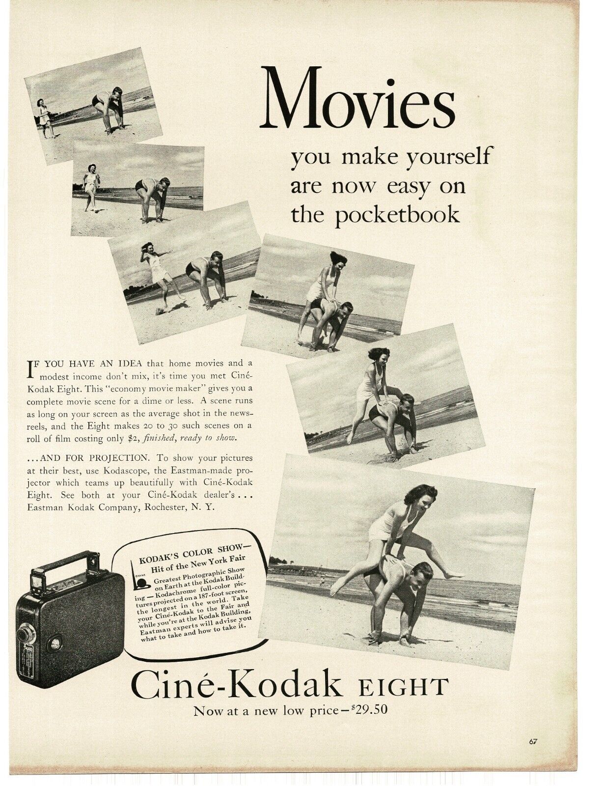 1939 Cine-Kodak Eight Movie Camera Girl boy leapfrog on beach Vintage Print Ad