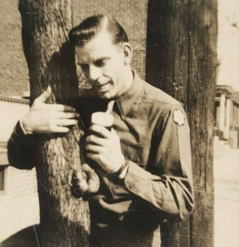 Vintage 1940s Photo WWII Soldier Tree Outside Philadelphia Row House 