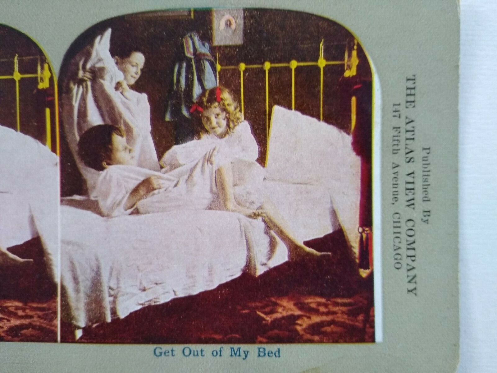 Stereoview Card Get Out of My Bed Children Young Girl Boy Atlas View Company